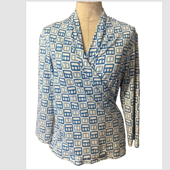 J. McLaughlin Womens Top M Medium Blue White 3/4 Long Sleeve Stretch Washable - Picture 1 of 9